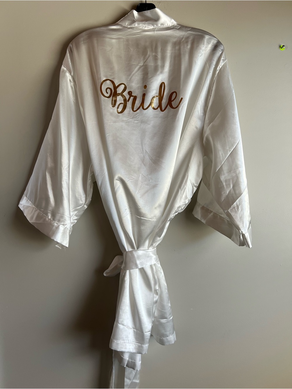 Bride White Satin Bridal Robe Size Large Gold Lettering Wedding Getting Ready